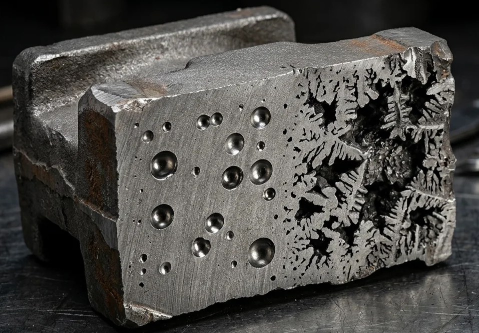 cross section of a casting showing internal porosity and a shrinkage cavity