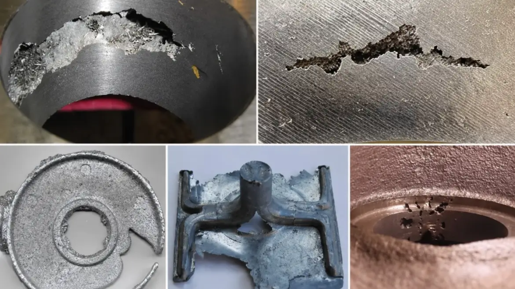 metal casting with a visible surfaCoran logam dengan cacat permukaan di meja inspeksice defect