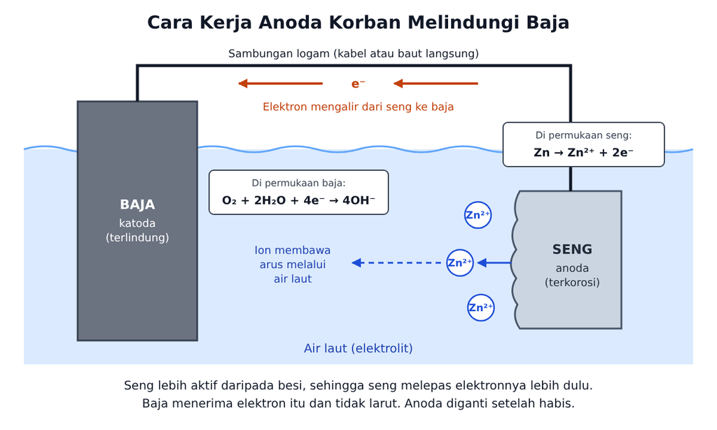 Diagram proteksi katodik dengan anoda korban, anoda seng terkorosi dan mengalirkan elektron ke struktur baja di air laut