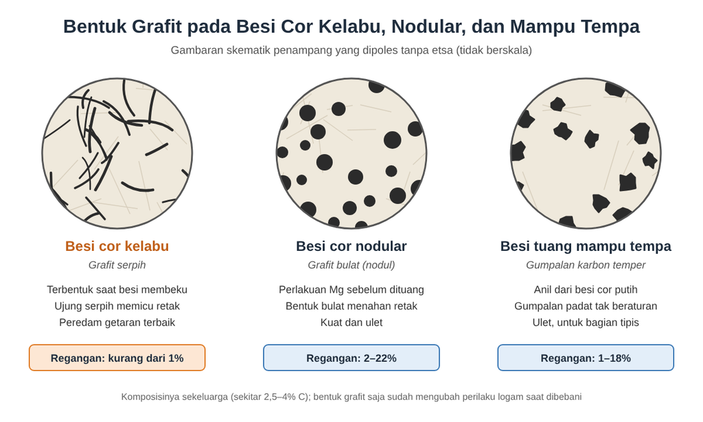 Perbandingan bentuk grafit pada besi cor kelabu (serpih), besi cor nodular (bulat), dan besi tuang mampu tempa (gumpalan karbon temper)