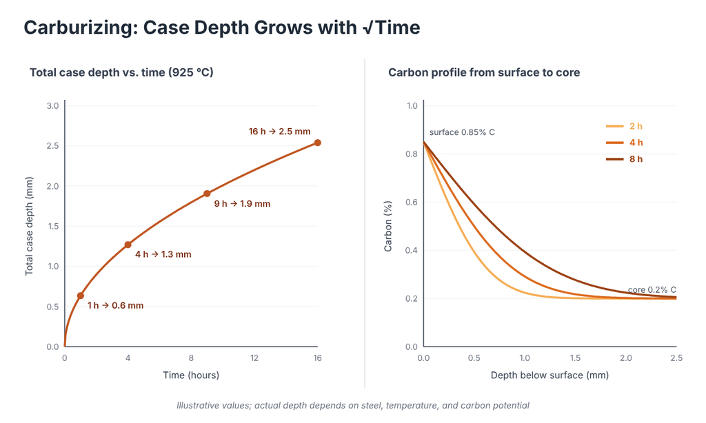 graph of carburizing case depth versus time at 925 °C and carbon profiles from surface to core after 2, 4, and 8 hours