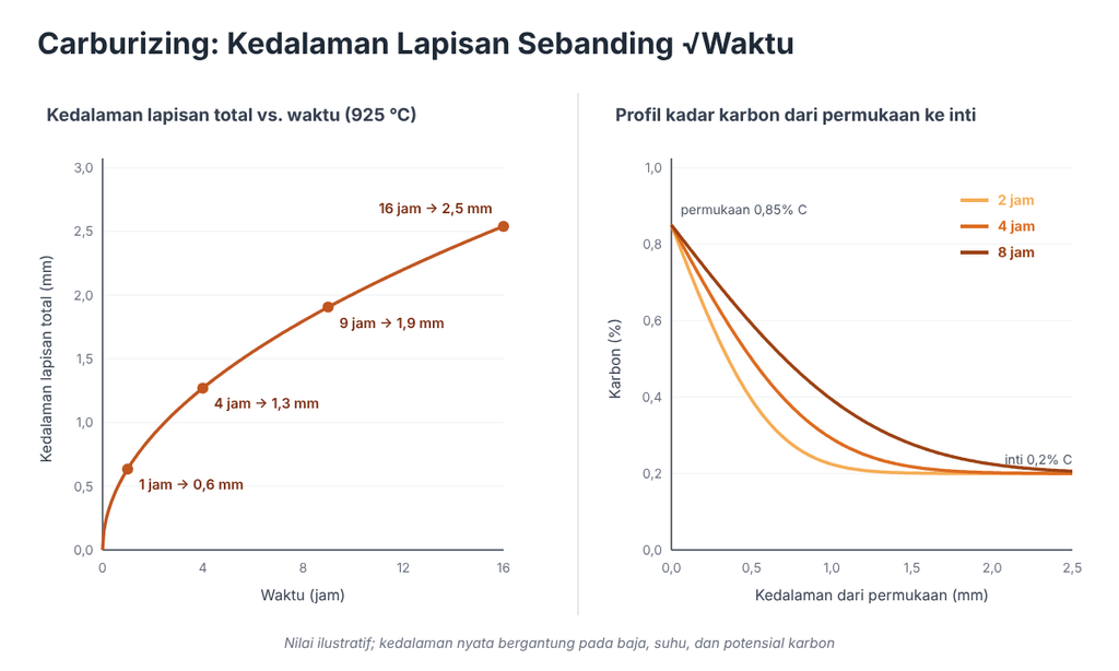 grafik kedalaman lapisan carburizing terhadap waktu pada 925 °C dan profil kadar karbon dari permukaan ke inti setelah 2, 4, dan 8 jam