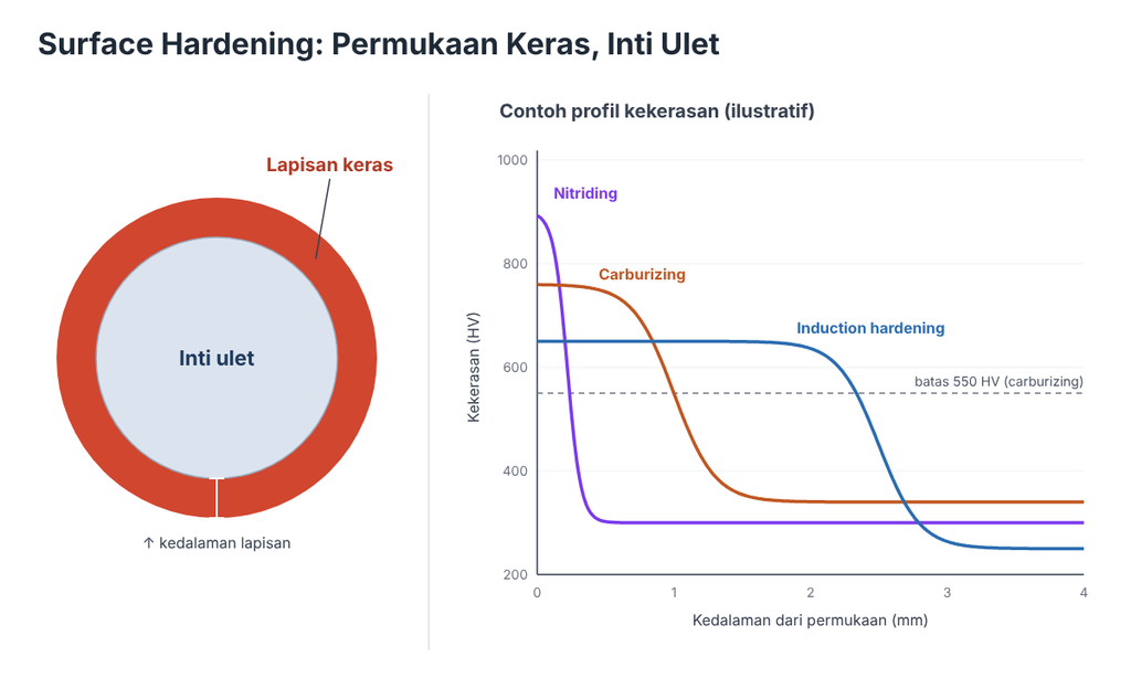 Surface Hardening (Pengerasan Permukaan): Pengertian, Metode, Perbandingan, dan Cara Memilihnya diagram penampang poros dengan lapisan keras dan inti ulet, serta grafik profil kekerasan terhadap kedalaman untuk nitriding, carburizing, dan induction hardening