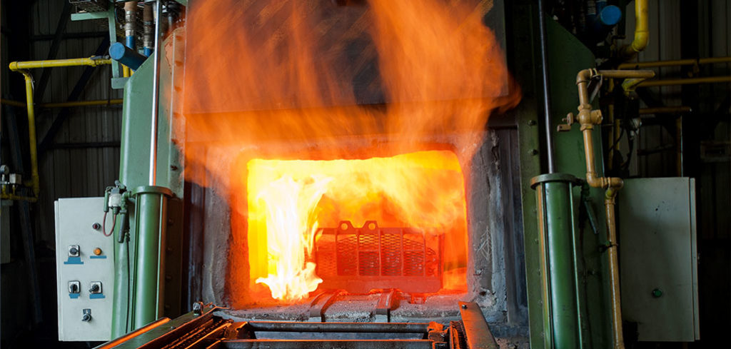 steel parts inside a heat treatment furnace for carburizing