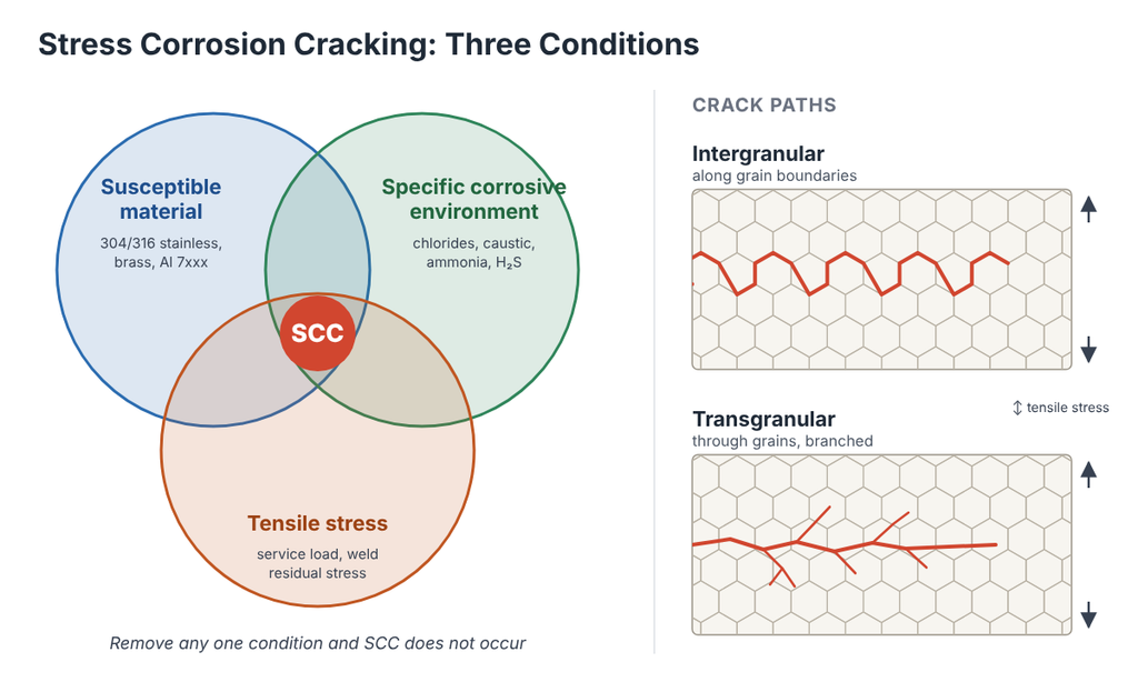 diagram of the three conditions for stress corrosion cracking, susceptible material, specific corrosive environment, and tensile stress, with intergranular and transgranular crack paths