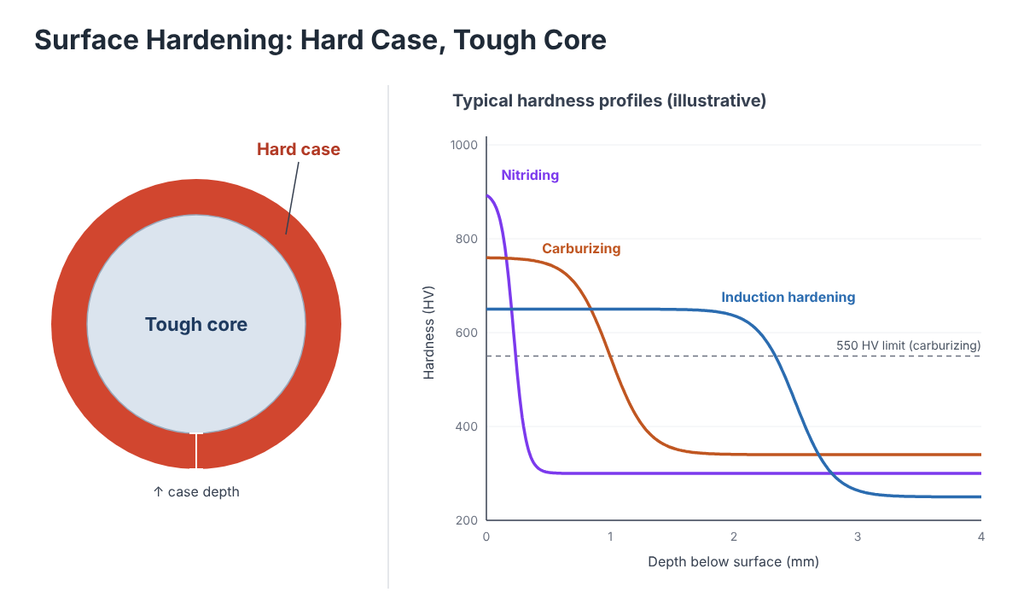 diagram of a shaft cross-section with a hard case and tough core, and a graph of hardness versus depth for nitriding, carburizing, and induction hardening