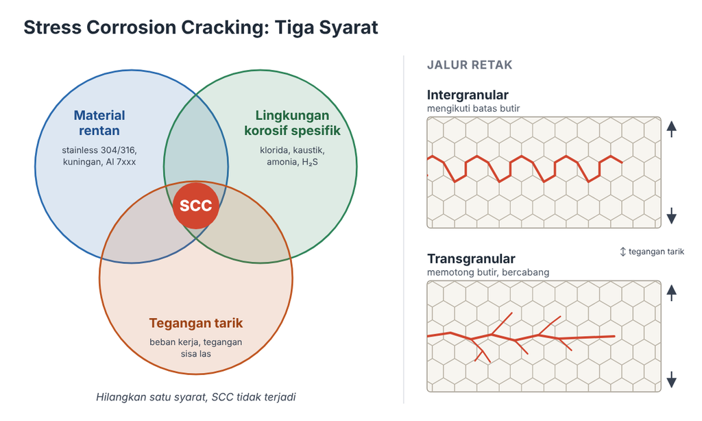 diagram tiga syarat stress corrosion cracking, yaitu material rentan, lingkungan korosif spesifik, dan tegangan tarik, serta perbedaan retak intergranular dan transgranular